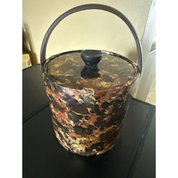 Vintage MCM Tortoiseshell Ice Bucket Brown Gold Faux Marble Barware with Handle