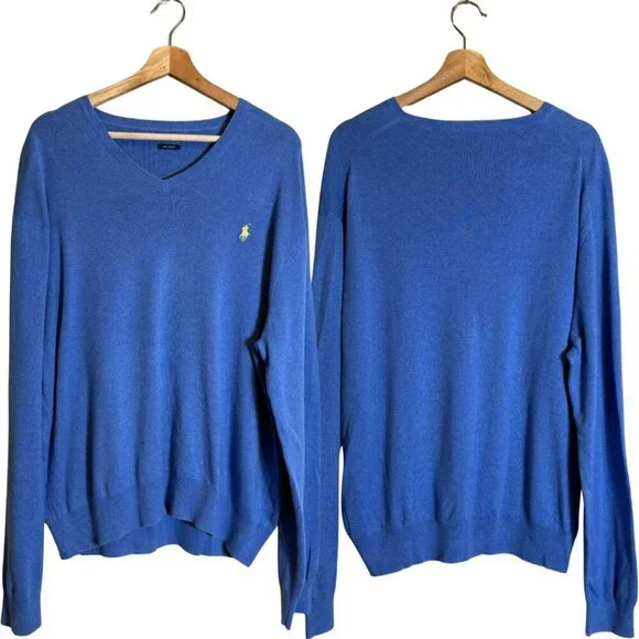 Polo Ralph Lauren Pima Cotton V-Neck Sweater Pullover Men's XL* Blue Preppy Soft