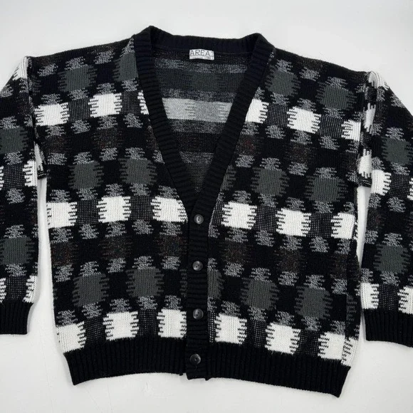 Vintage AREA Black White Gray Plaid Button V Neck Cardigan‎ Sweater Men's Large