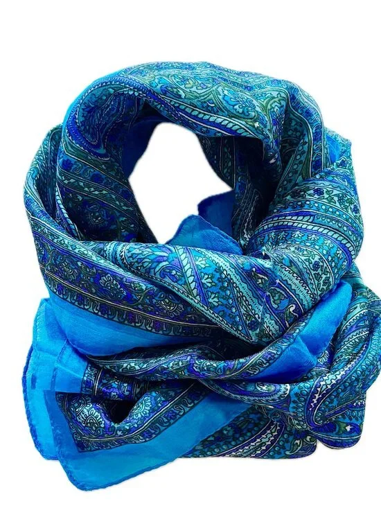 Beautiful Paisley Silk Scarf, Blue Purple Green Mulberry Chiffon Silk Italy NEW