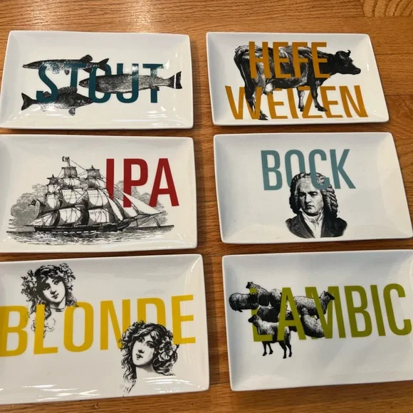 6 Crate & Barrel Bar Snack Plates IPA Stout Blonde Bock Lambic +