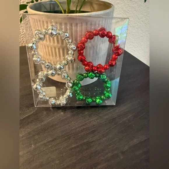 NEW Crate&Barrel Silver, Red, and Green Jingle Bell Napkin Rings