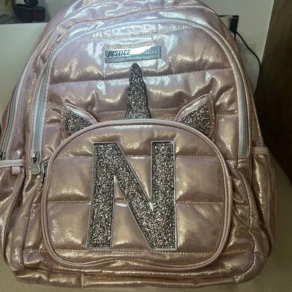 Justice Girls Backpack Pink Rose‎ Gold Initial M Side Pockets Full Size 17 Inch