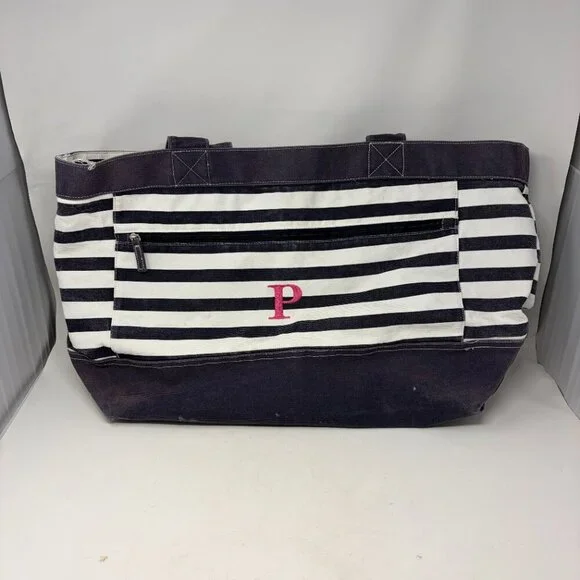 Pottery Barn Kids tote bag large blue white stripe preppy P pink monogram cotton