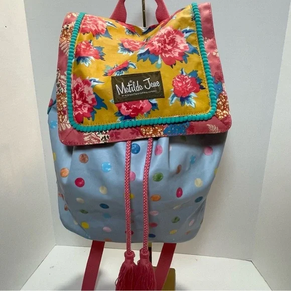 Matilda Jane Make a Splash Beach Backpack Blue Polka Dot Yellow Pink Floral
