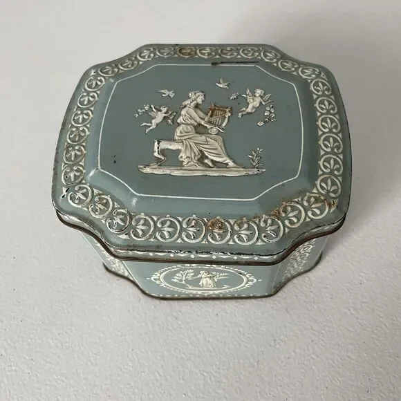 Vintage Container Tin Made in England Robin Egg Blue Greek Scenes 5