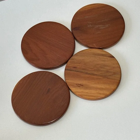 Set of 4 Round Wooden Coasters Natural Wood Grain Drink‎ Table Protection