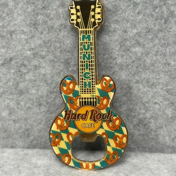 RARE Hard‎ Rock Cafe Munich Guitar Shaped Bottle Opener Pretzel Design