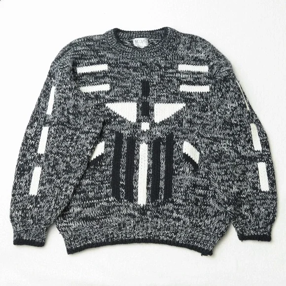 Vintage 90s Geometric Knit Sweater Mens M Black White Abstract Retro Graphic Dad