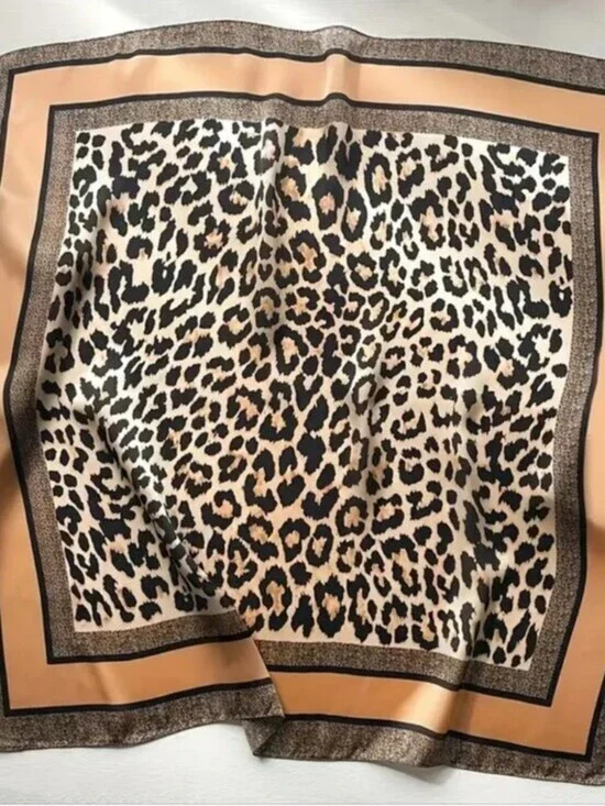 Leopard Print Silk-Feel Square Scarf in Tan and Black