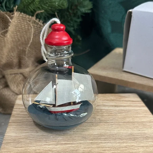 Crate & Barrel Ship-In-A-Bottle Glass Christmas Ornament Nautical