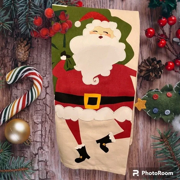 Crate & Barrel Santa Embroidered Christmas Hand Kitchen towel-NWOT