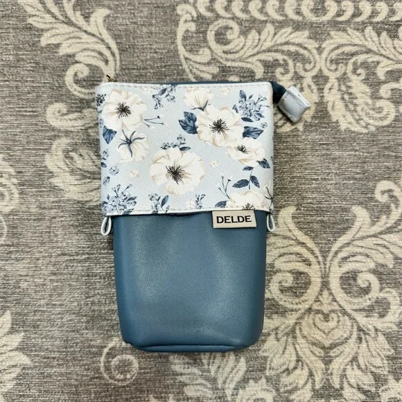 DELDE Slide Stand Pencil Case Floral Light Blue Pen Pouch