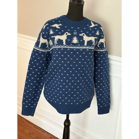 J.Crew 100% Wool Labrador Dog Blue Sweater Fair Isle Winter Duck Size Medium