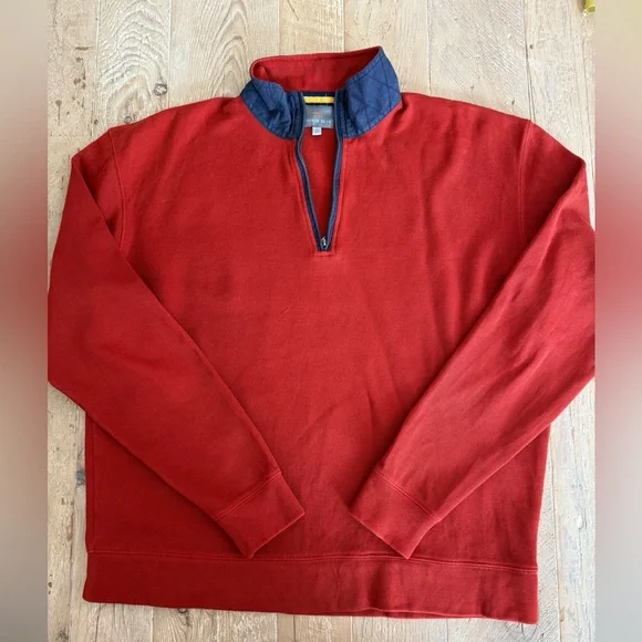 Thomas Dean Red Burnt OrangeZip-Up Sweater with Navy Trim L