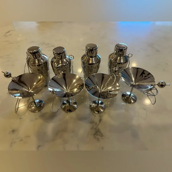 Crate & Barrel Silver Cocktail Shakers and Martini Glass Ornaments