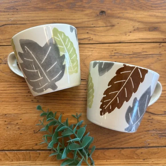2 Crate & Barrel by Barbara Eigen Ivory Mugs With Painted Leaves 3” High