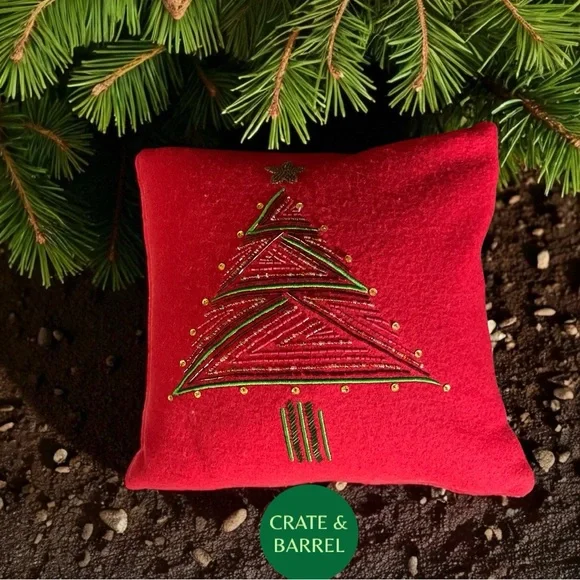 Crate & Barrel Twinkle Red Holiday Pillow With a Beaded Tree Design