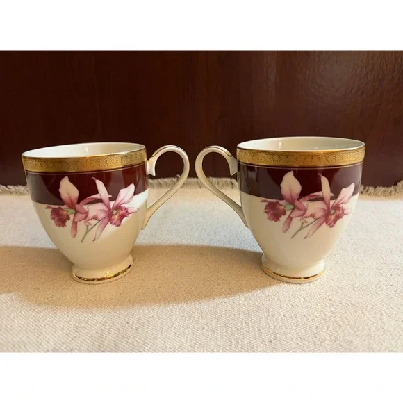 Mikasa Orchid Royal Fine China Tea Cup Set of 2 Burgundy Gold Floral‎