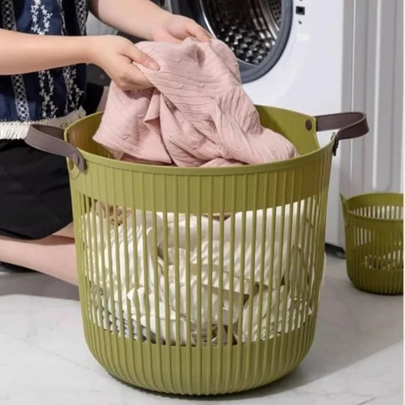Sexiest Laundry Basket Organizer Storage Japandi Leather Handle Olive Green (1)