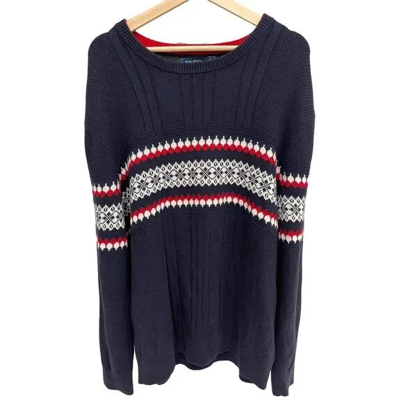 Nautica Men's Crewneck Knit Pullover Sweater Navy Blue XL Wool Blend Fair Isle