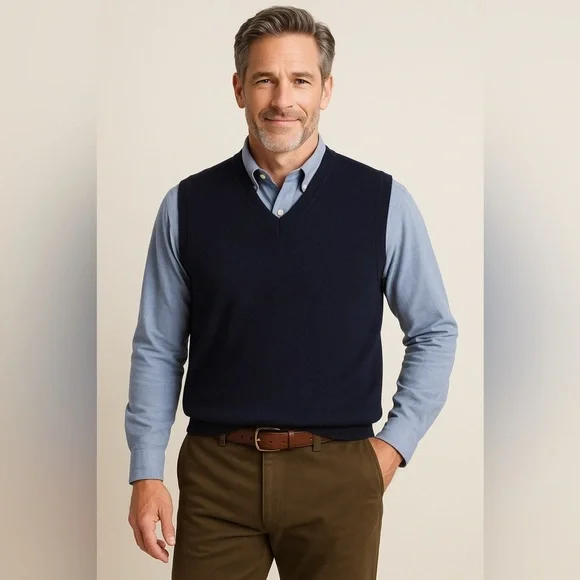ORVIS 100% Merino Wool Navy Knit Sleeveless V Neck Sweater Vest L