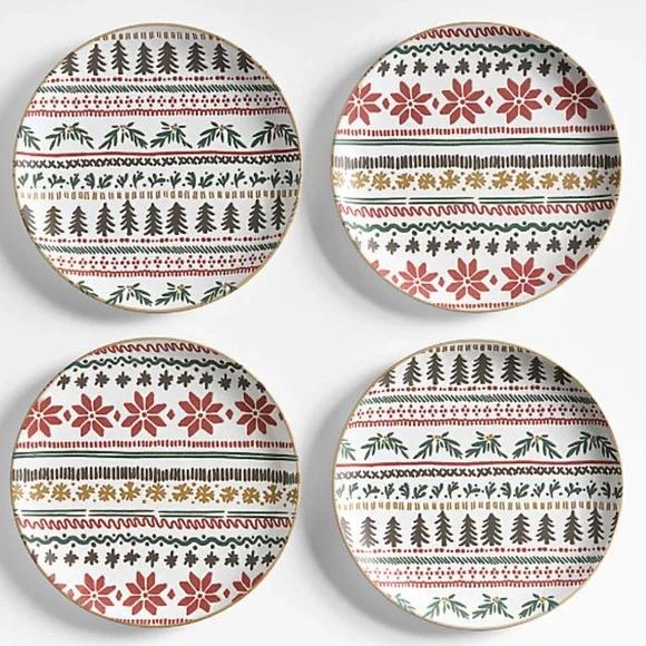 New! Crate&Barrel Nordic Fair Isle Stoneware Salad Plates, Set of 4