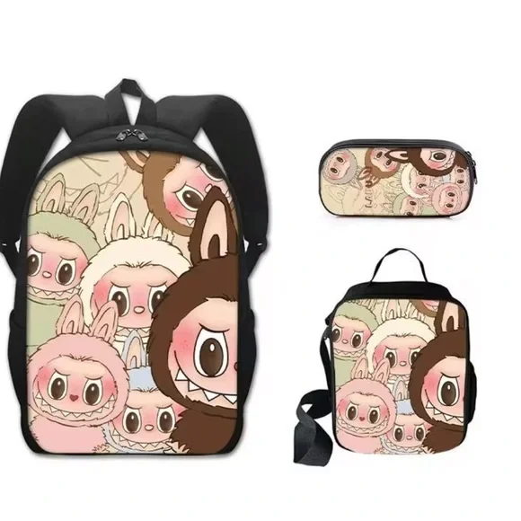 Cute Labubu Monster Design Kids Backpack, Pencil Case & lunchbag