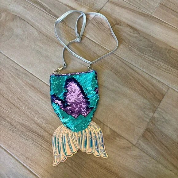 Justice Mermaid Flip Sequin Crossbody Purse Bag Teal Purple Holographic