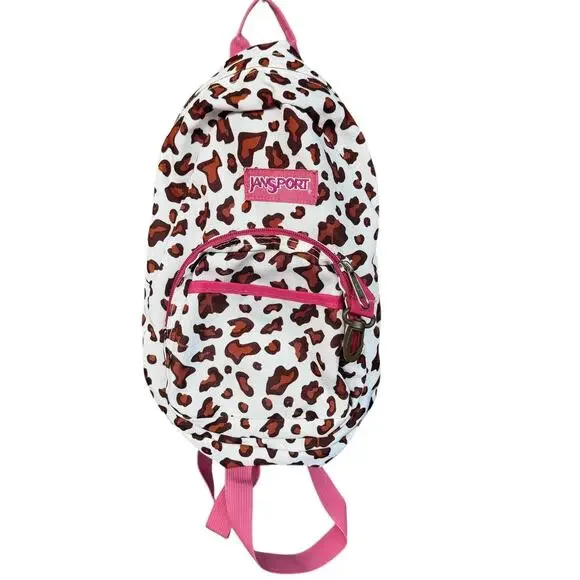 JanSport‎ Mini Backpack Leopard Animal Print White Brown Pink Trim Zip Pocket