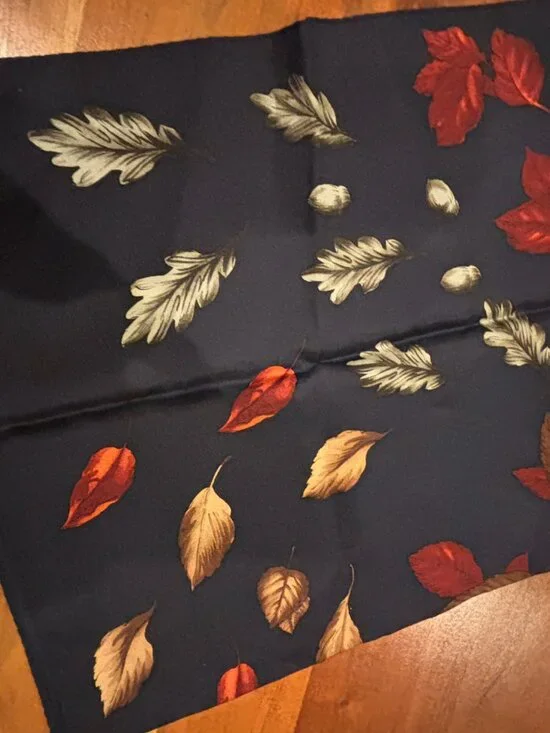 100% Silk Square Blue Leaf Scarf, 26