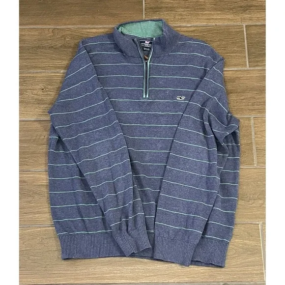 VINEYARD VINES REGULAR FIT 100% COTTON 1/4 ZIP SWEATER LARGE BLUE GREEN STRIPE