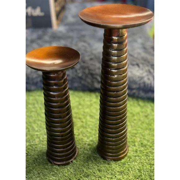 Crate And Barrel Candle Stick Holder Lot Of‎ Two Brown Metal Modern