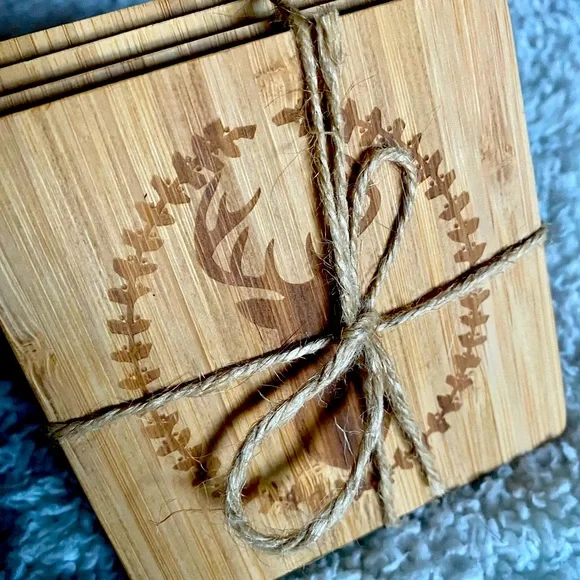 Crate & Barrel Farmhouse Style Deer Head Maplewood Coasters (Set of 4).