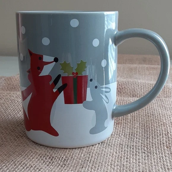 Crate & Barrel Winter Gift Fox Rabbit Snow Gray White Red 10 oz Ceramic