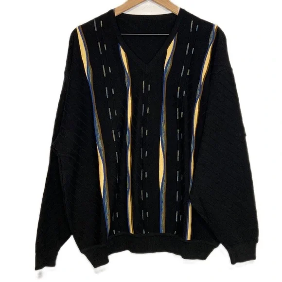 Wool Blend 3D Knit V-Neck Large Pullover Sweater Black Blue Yellow Textured