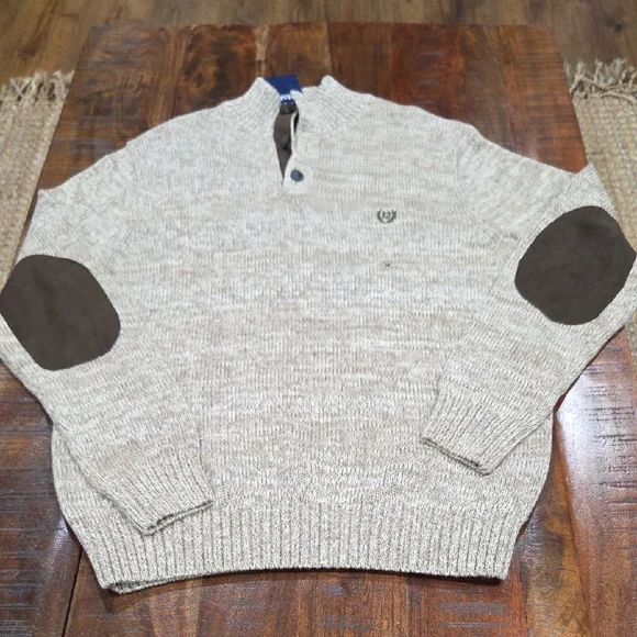 Chaps Beige Quarter Button-Up Sweater with Brown Elbow Patches NWT