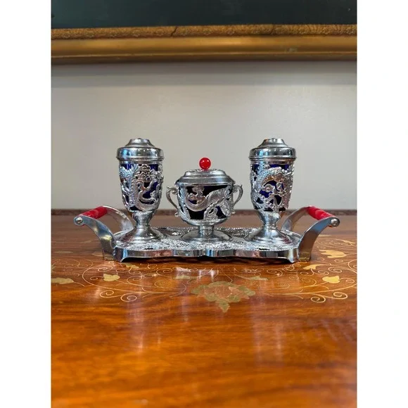 Vintage Japanese Condiment Set • Silver Plate Dragon Motif with Cobalt Glass