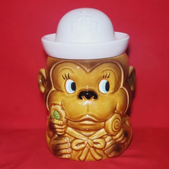 Vintage Sailor Monkey Ceramic Cookie Jar Japan Kitchen Decor Collectible