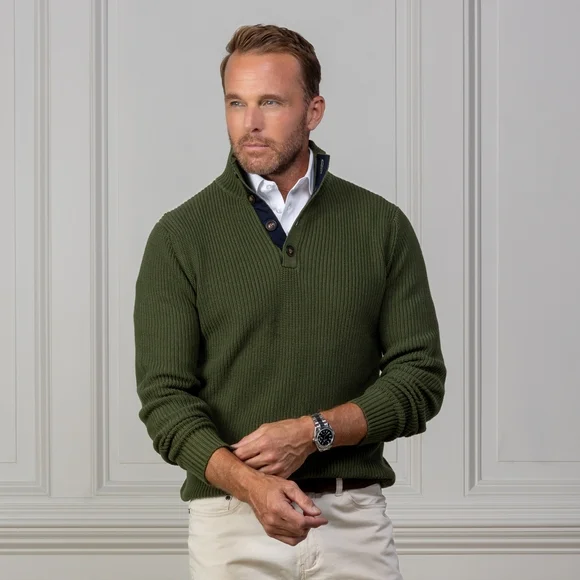 Collars & Co Sweater Men's Medium Green Kennebunkport Pullover 1/4 Button New