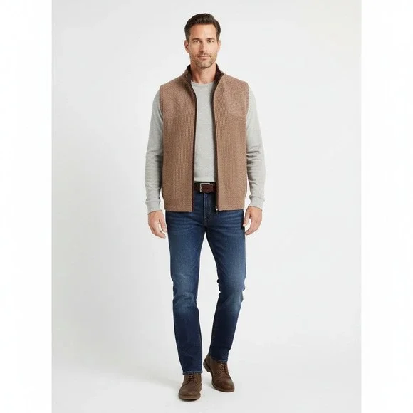 L.L.Bean Merino Lambswool Zip Front Sweater Vest L-Reg Brown Rib Knit Outdoor