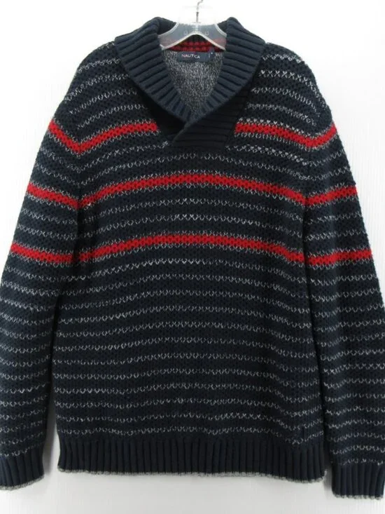 Nautica Sweater XL Pullover Shawl Collar Striped Chunky Knit Preppy