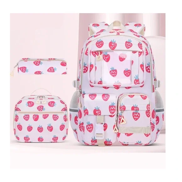 Strawberry print 3-in-1 School Backpack Set, Waterproof Bookbag