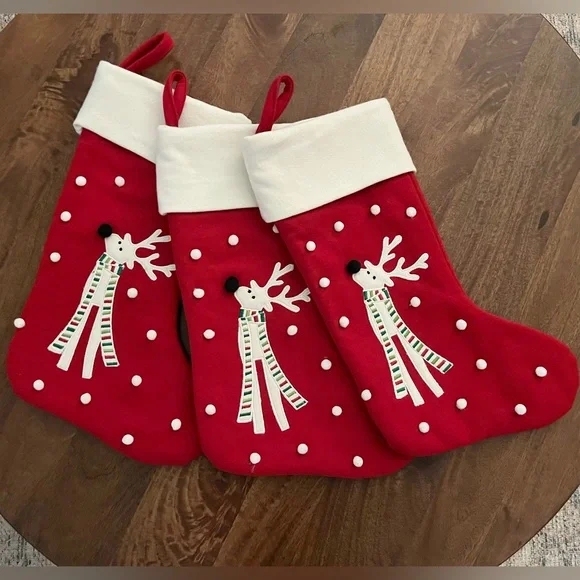 Crate&Barrel Reindeer Red and White Holiday Wool Blend Stockings Set of 3
