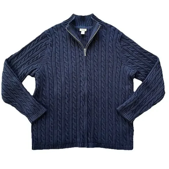 LL Bean Sweater Full Zip Men’s Sz 1X Holiday Cable Knit Blue 100% Cotton 251834
