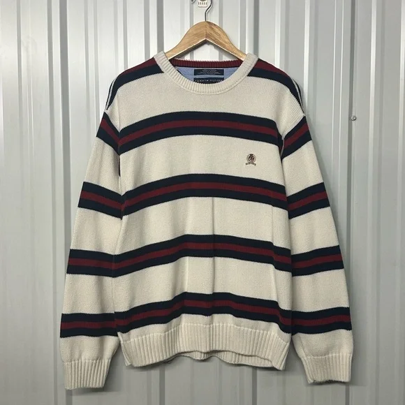 Vintage Men’s XL Tommy Hilfiger Cream Navy Red Stripe Sweater Casual Preppy
