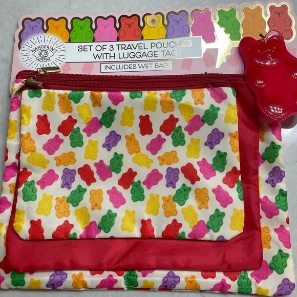 Travel Pouches-Set of Three w/Wet Bag and Luggage Tag-Multi Colored