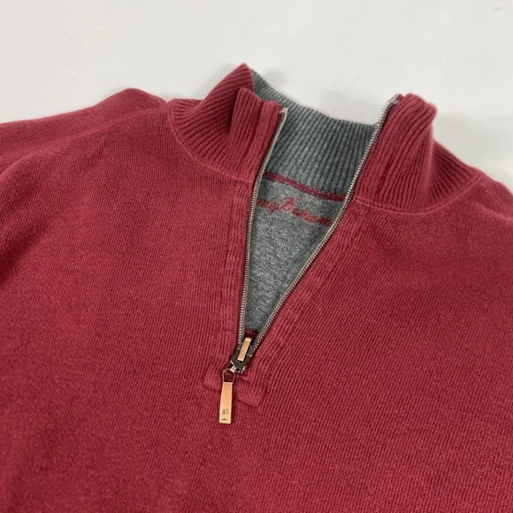 Tommy Bahama Sweater Mens Burgundy Red Grey 1/4 Zip Pullover Reversible
