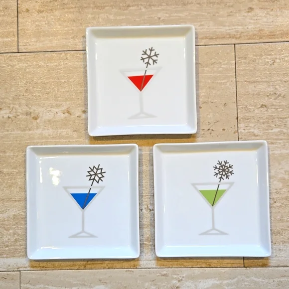 Crate & Barrel Set of 3 White Porcelain Jack Frost Martini Appetizer Plates