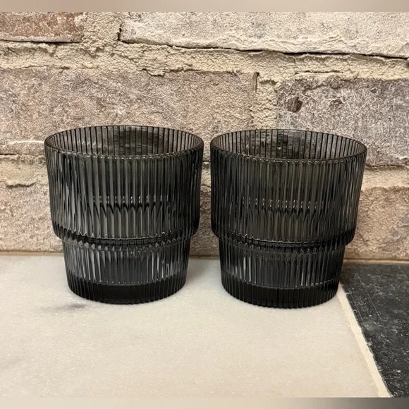 2 Crate&Barrel Atwell Blue Stackable Fluted Double Old-Fashioned Glass Cups